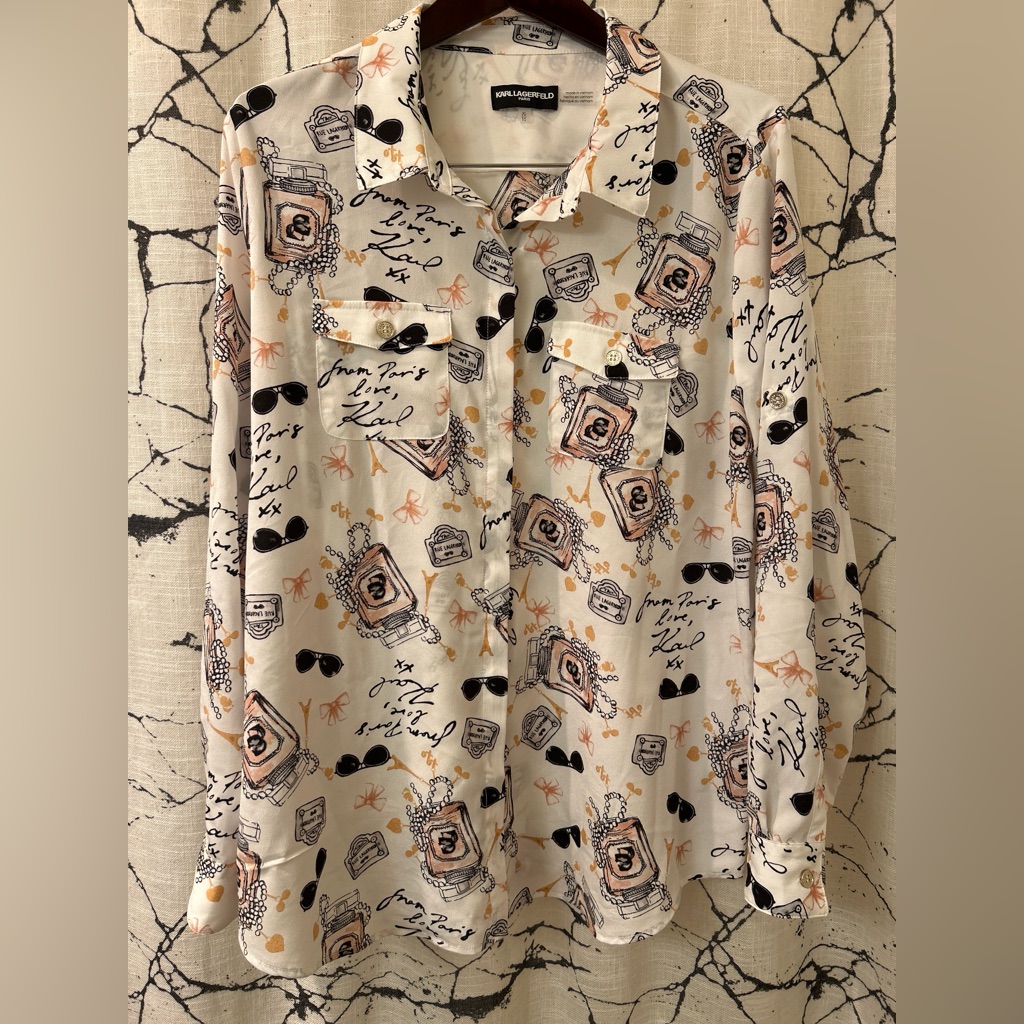 Karl Lagerfeld Paris Button Up Shirt All Over Print Womens Size Xlarge White